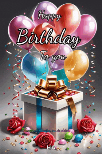 a birthday card with balloons and a gift box that says happy birthday to you