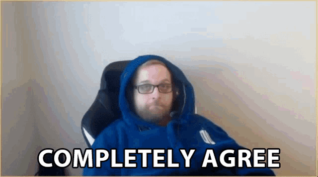 a man in a blue hoodie is sitting in a chair with the words completely agree behind him