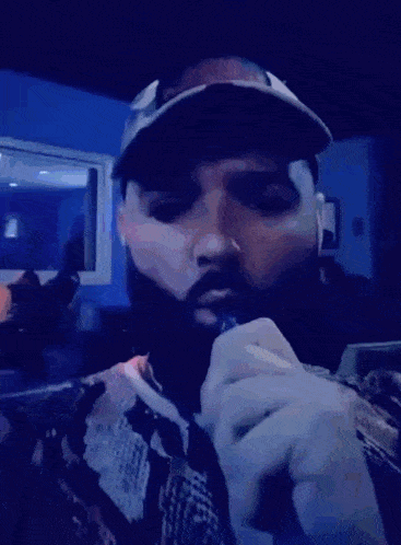 a man with a beard wearing a hat is holding a microphone .