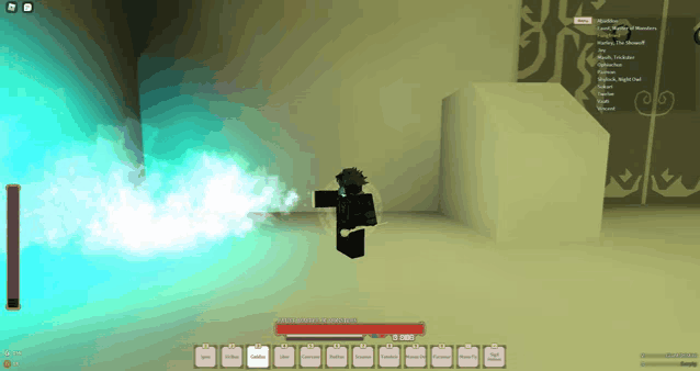a screenshot of a video game shows a person standing in a room with a blue light coming out of it