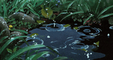 a painting of rain drops falling into a pond surrounded by greenery