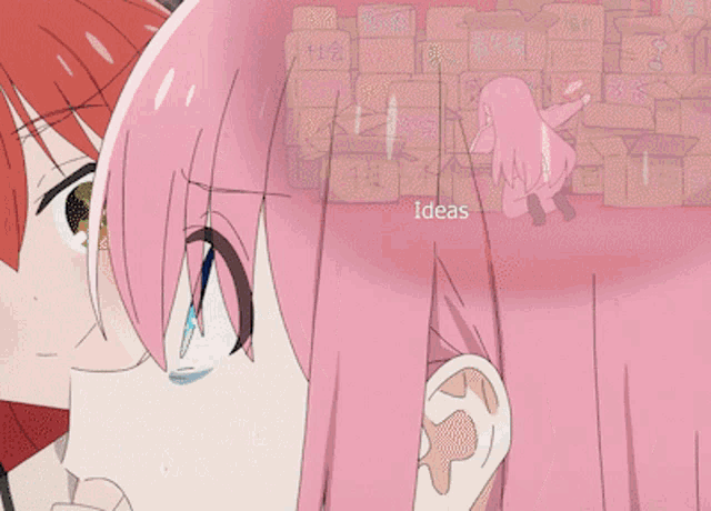 a girl with pink hair is standing in front of a pile of boxes with the word ideas written on them