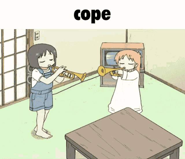 a couple of girls playing trumpets in a room with the word cope above them
