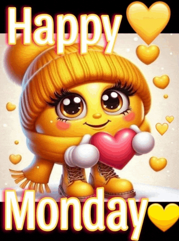a happy monday greeting card with a smiley face holding a pink heart