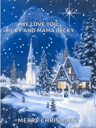 a christmas card with a snowy scene and the words merry christmas