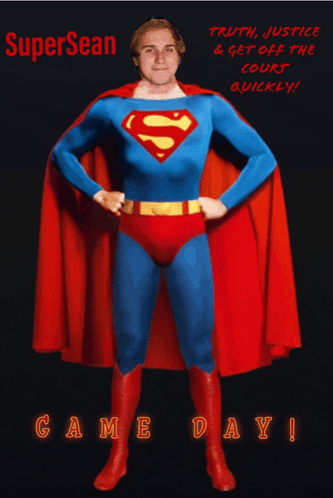a man in a superman costume on a poster that says game day