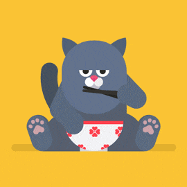 a cat is eating noodles with chopsticks from a bowl on a yellow background