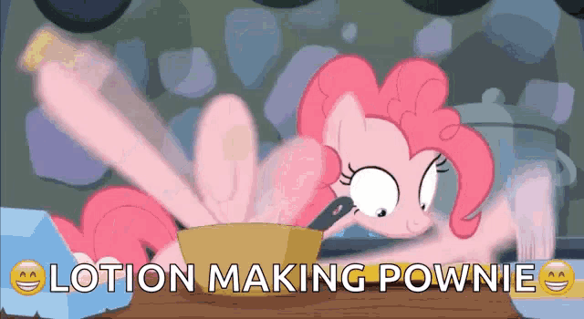 a cartoon of pinkie pie making lotion with a spoon