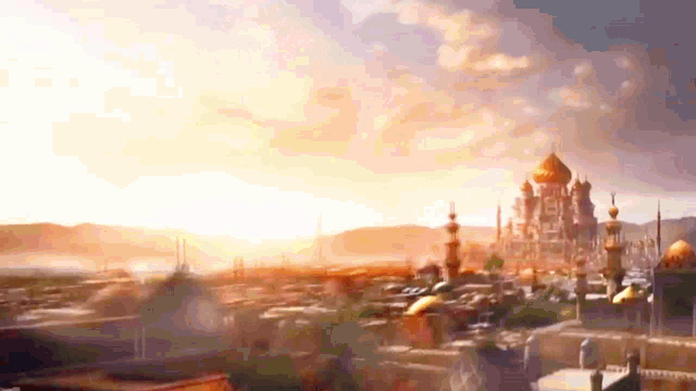 a painting of a city with a castle in the background at sunset