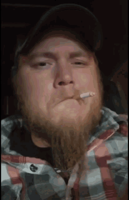 a man with a beard is smoking a cigarette in a plaid shirt