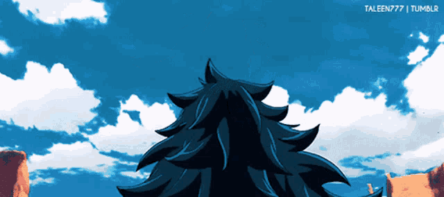 a cartoon drawing of a person with a blue sky and clouds behind them