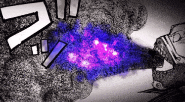 a black and white drawing of a purple and blue explosion