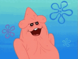 patrick star from spongebob squarepants is smiling with spongebob flowers in the background
