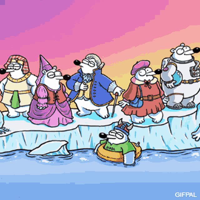 a cartoon of a group of polar bears standing on an iceberg with the word gifpal on the bottom