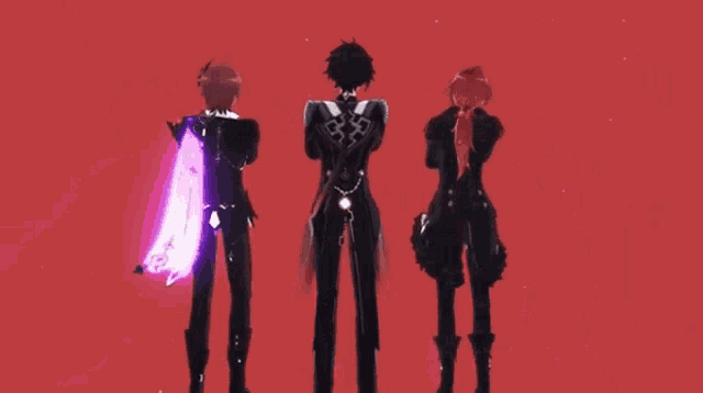 three anime characters are standing next to each other with one holding a purple object