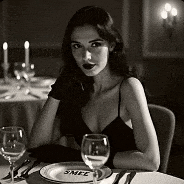 a woman sits at a table with a plate that has smee written on it
