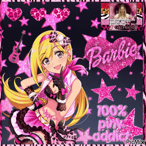 a picture of a girl with a guitar and a heart that says barbie
