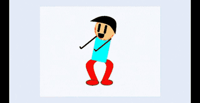 a cartoon character with a blue shirt and red pants is dancing