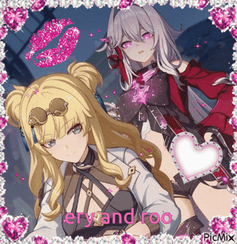 a picture of two anime girls with the words very and roo on the bottom right
