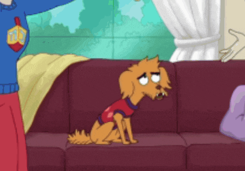 a cartoon dog is sitting on a couch with a man in a blue sweater with a menorah on it