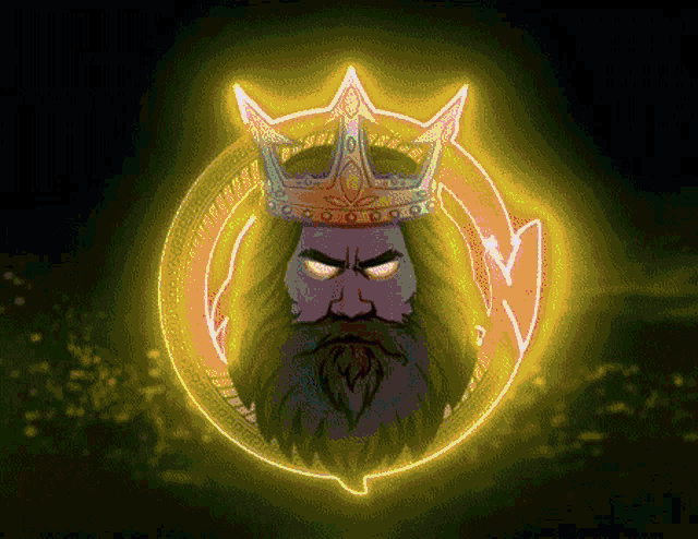 a man with a beard and a crown on his head is surrounded by a glowing circle
