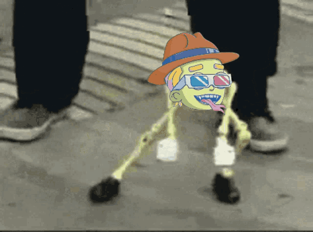 a cartoon character wearing a hat and sunglasses with a tongue sticking out