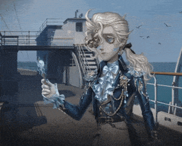 a man with horns on his head is standing on a boat holding something