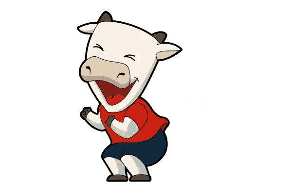 a cartoon drawing of a cow laughing with the word hello below it