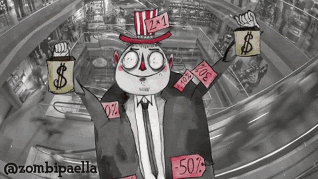 a cartoon of a man in a suit and tie holding a sign that says -50 %