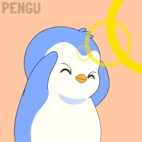 a penguin with a yellow ring around its head and the word pengu on the bottom