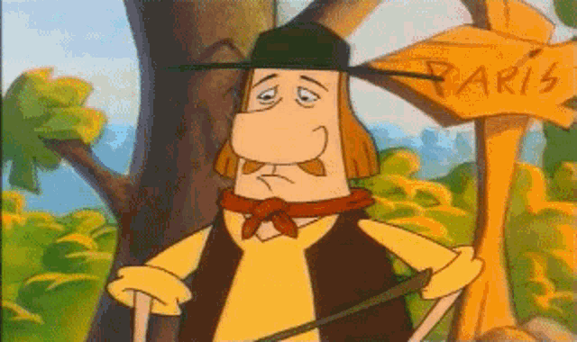 a cartoon character standing in front of a paris sign