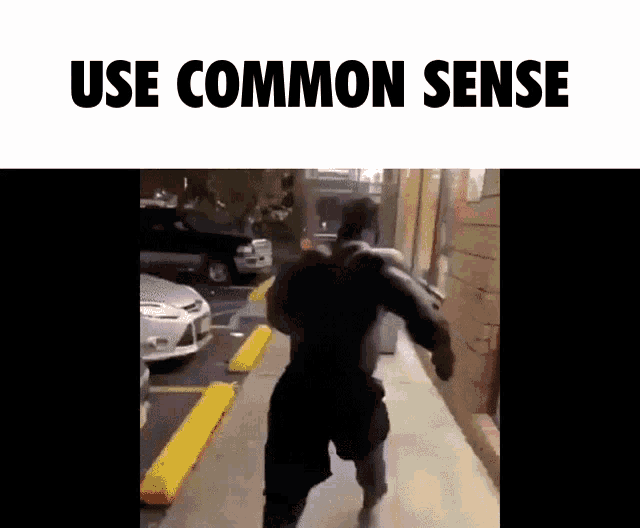 a man in a superhero costume is running down a sidewalk with the words use common sense above him
