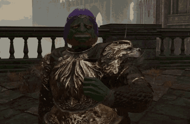 a statue of a man with a green face and a purple wig