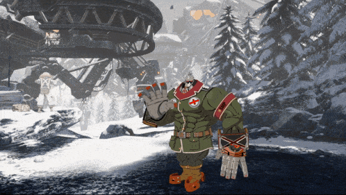 a cartoon character with a red cross on his chest is waving in the snow