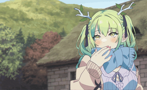 a girl with green hair and antlers is holding a blanket