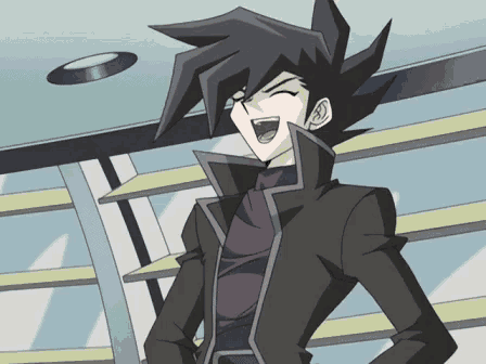 a cartoon character with black hair and a black jacket is laughing .