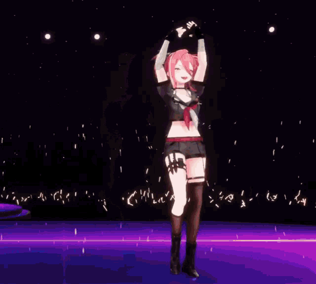 a girl with red hair is dancing in front of a crowd