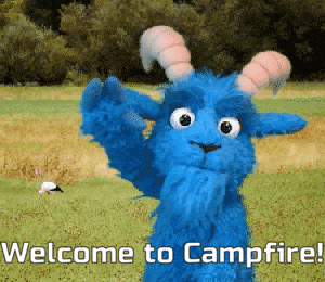 a blue stuffed animal with horns and the words welcome to campfire