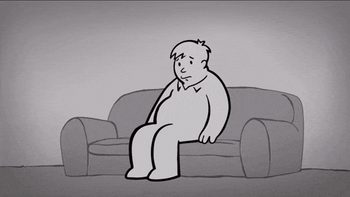 a cartoon of a cat sitting on a couch with a picture of a cat on the floor