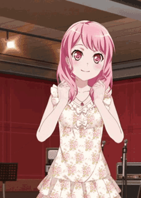 a pink haired anime girl in a white floral dress