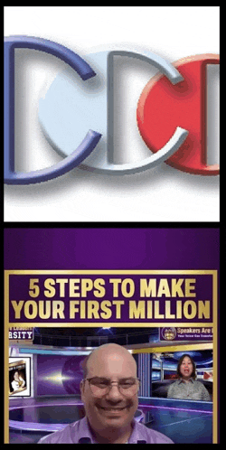 a man is smiling in front of a sign that says ' 5 steps to make your first million '