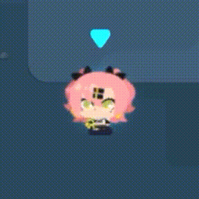 a cartoon character with pink hair and green eyes is sitting on a blue surface with a heart in the background .