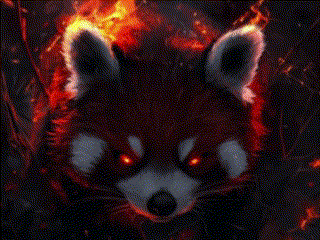 a red panda with glowing red eyes is surrounded by flames .