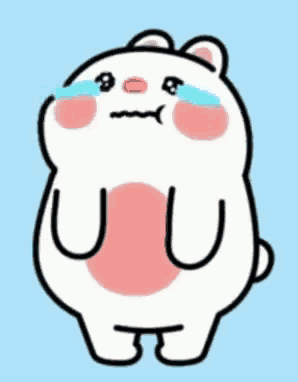 a cartoon rabbit with a crying face is standing on a blue surface .