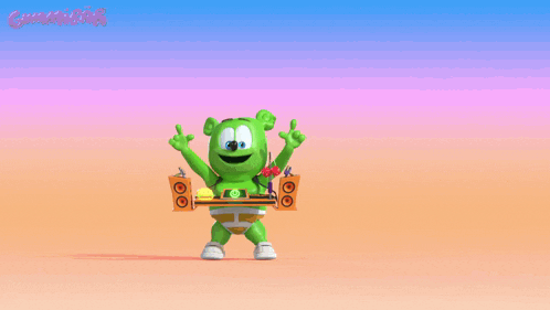 a gummy bear is holding a tray with a pizza on it