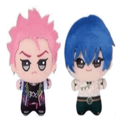 two stuffed animals with pink hair and blue hair are sitting next to each other on a white background .
