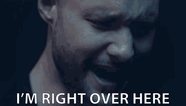 a close up of a man 's face with the words " i 'm right over here " below him