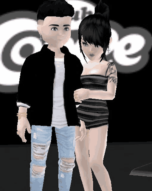 a man and a woman are standing next to each other in front of a sign that says " cafe "