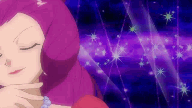 a woman with pink hair is standing in front of a purple background with sparkles .