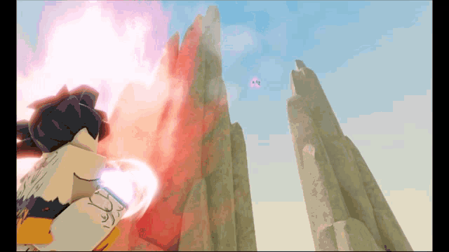 a cartoon character is standing in front of a mountain and a purple object is flying in the sky